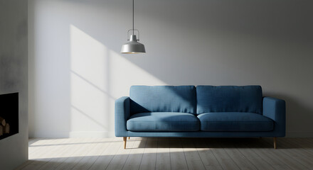 Serene Interior With Blue Sofa And Natural Light, Minimalist Living Room Scene