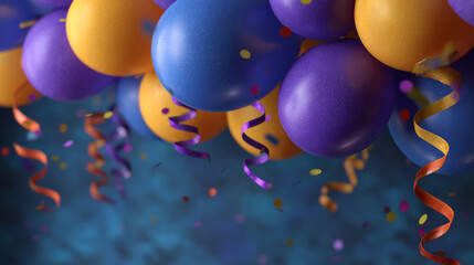 Close-up of colorful balloons, purple, orange, blue, with confetti and ribbons, suggesting celebration and festive mood, ideal for party invitations or event promotion