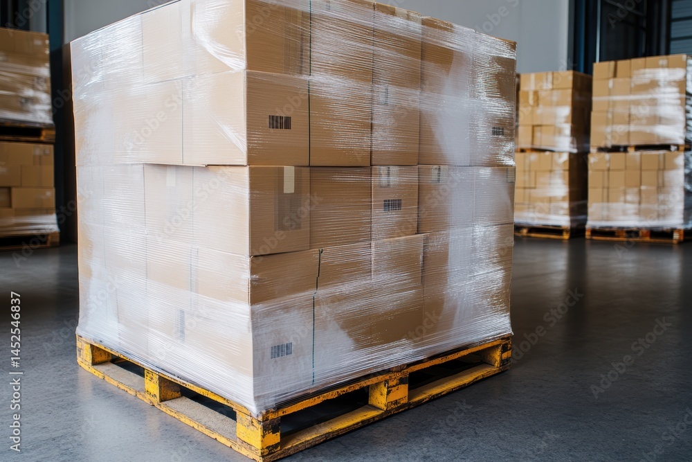 Poster pallet loaded with wrapped boxes in a busy warehouse setting during daylight
