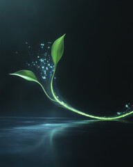 Single Green Plant Stem With Glowing Elements in a Dark Setting Evokes Tranquility and Growth