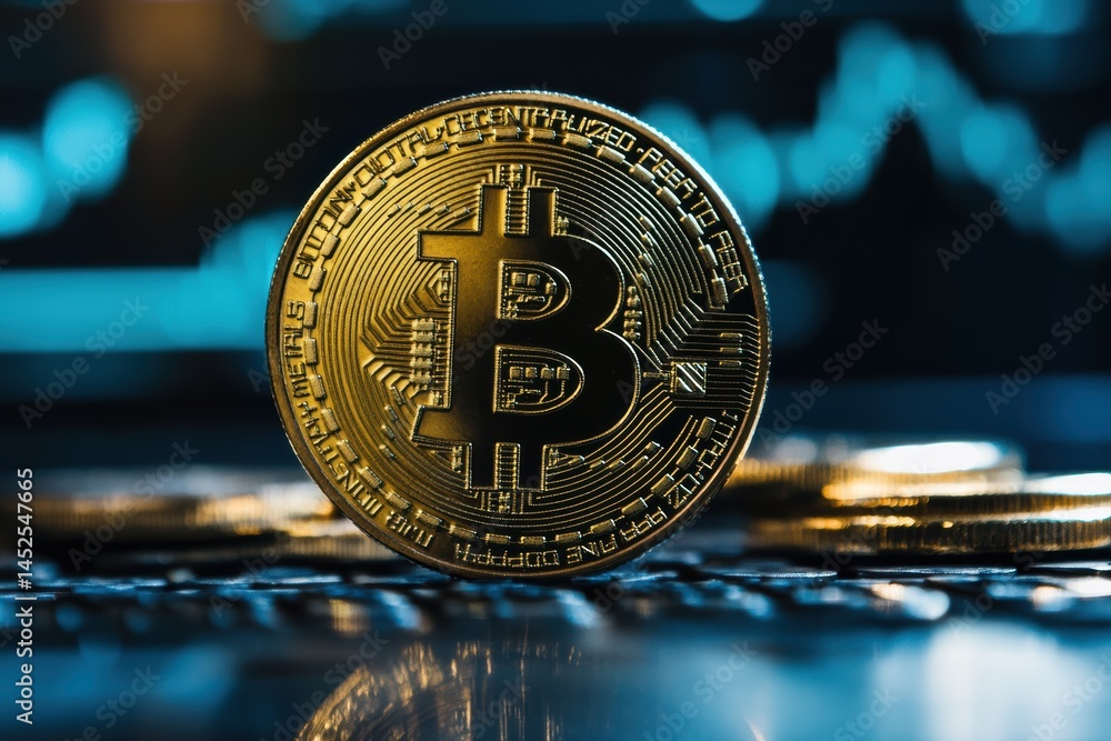 Poster virtual bitcoin coins symbolizing cryptocurrency and blockchain technology