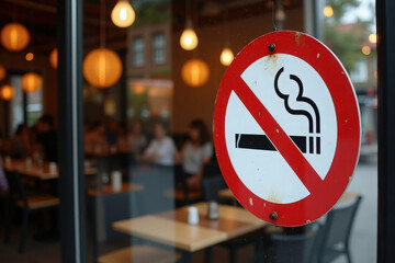 No smoking sign outside cafe. Red circle, crossed-out cigarette. Warning, smoking ban. Public place, health safety, anti-tobacco. Ban cigarettes in restaurant. Smoke free zone, no vaping
