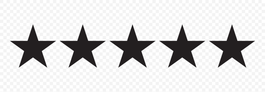 Five stars rating. Star icon. Feedback consumer or customer review evaluation banner, satisfaction level and critic icon concept. Vector illustration. Stars icon on Transparent Background. EPS 10.