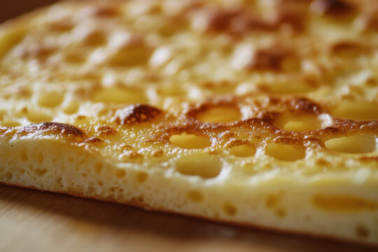 Close-up of gooey cheese on a pizza.