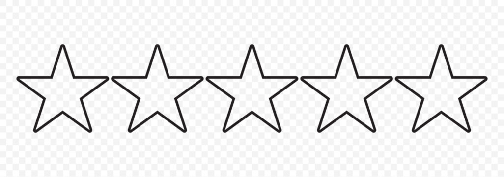 Five stars rating. Star icon. Feedback consumer or customer review evaluation banner, satisfaction level and critic icon concept. Vector illustration. Stars icon on Transparent Background. EPS 10.