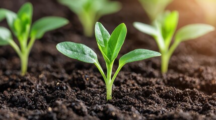 Fototapeta premium Fresh Green Seedling Growing in Dark Soil Under Bright Sunlight