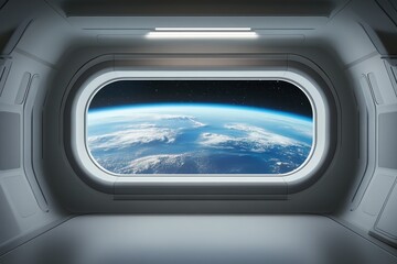 Naklejka premium Stunning view of Earth from a futuristic space station window