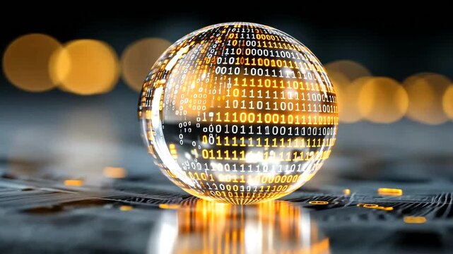 Crystal sphere with binary code, technology concept