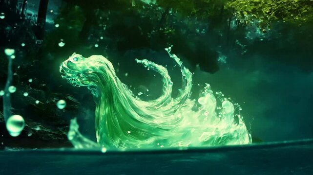 Emerald Splash: A vibrant green liquid, perhaps a magical potion or a mystical elixir, bursts forth in a dramatic, swirling vortex, captured in an abstract underwater photograph.