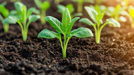 Fresh Green Seedlings Growing in Rich Soil Under Bright Sunlight