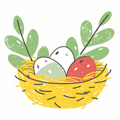 Colorful decorated eggs in a nest surrounded by green leaves representing springtime renewal and Easter celebrations.