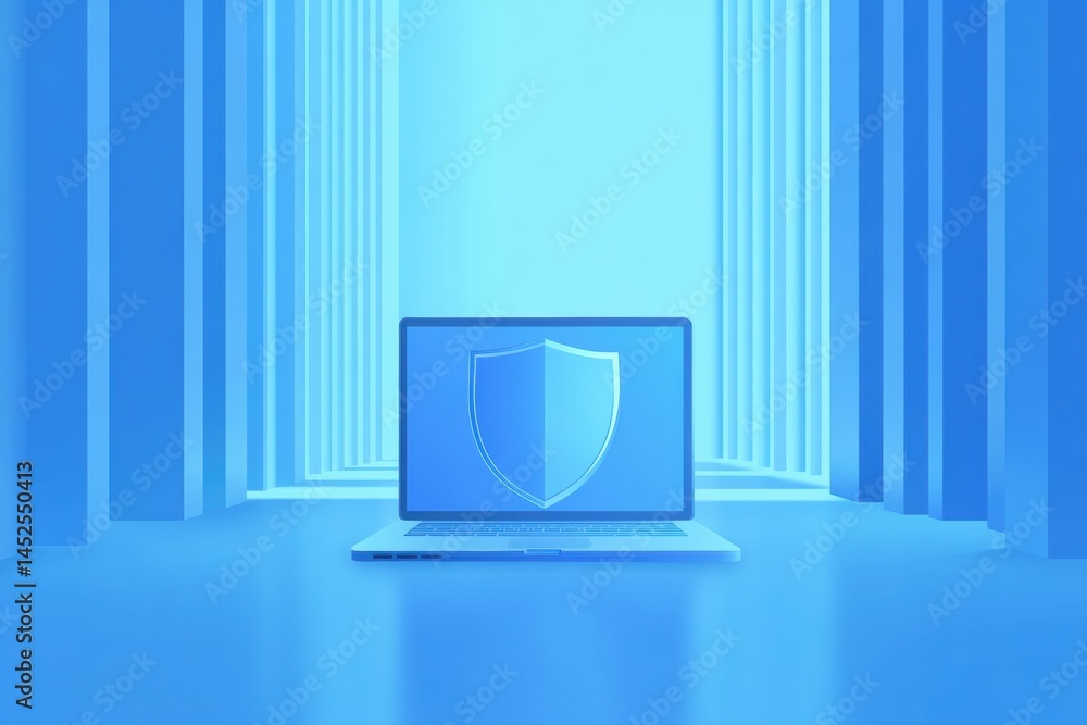 Poster cybersecurity graphic layout featuring a laptop with a shield symbol in a futuristic setting