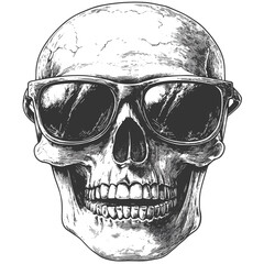 Hipster skull with sunglasses, hand drawn vintage woodcut sketch, trendy black engraving, old style vector illustration, retro art, tattoo design, skull graphic, monochrome skull,