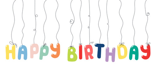 Happy Birthday text, letter shaped balloons hanging, festive decorations, garland, isolated vector illustration on transparent. Holiday party, celebration, anniversary card, banner design element