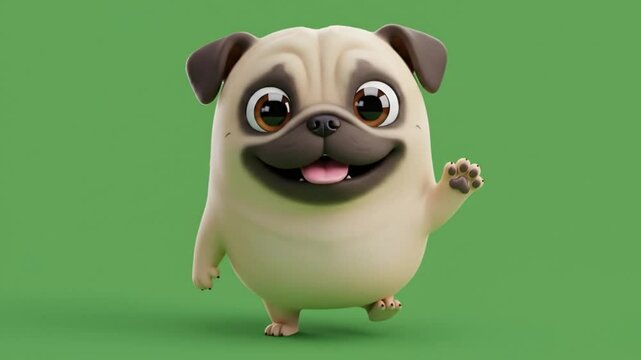 Animated pug character against solid green background