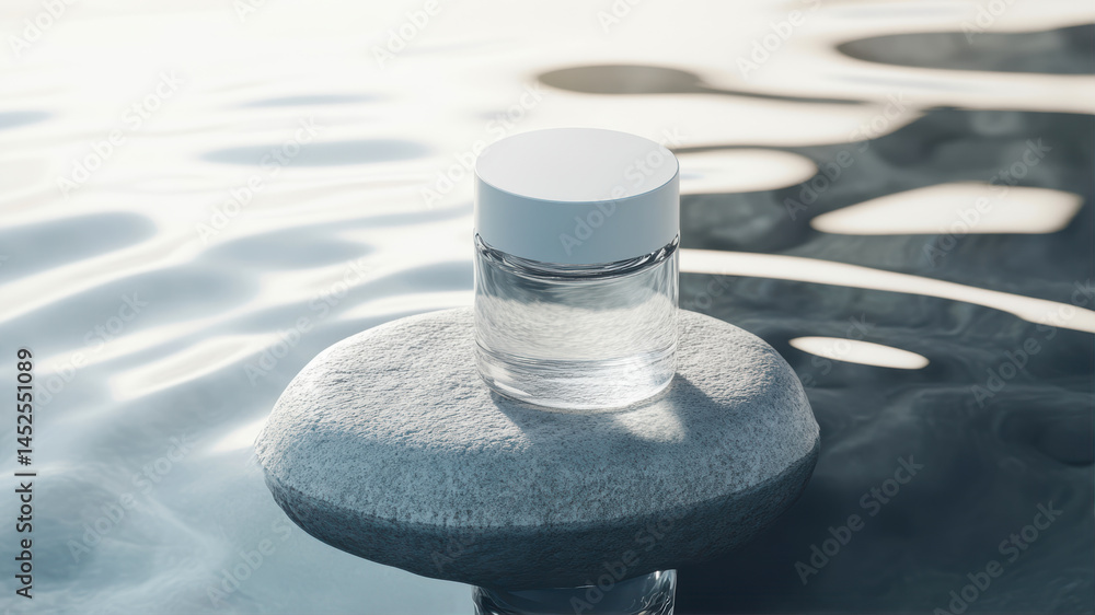 Aufkleber clear cylindrical container resting on a smooth stone in calm water with soft reflections