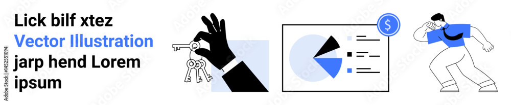 Poster hand holding keys, pie chart with data points and dollar coin, active figure in motion. ideal for fi