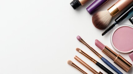 Collection of makeup tools and cosmetics arranged neatly on a white background for beauty promotion