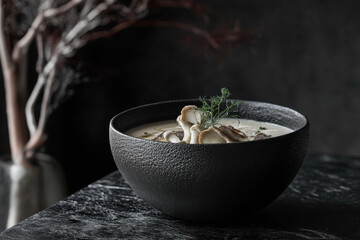 Bowl of mushroom soup garnished with herbs.