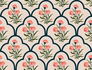 Hand drawn colourful geometric flowers, seamless patterns with floral for fabric, textiles, clothing, wrapping paper, backdrop, banner, illustration, abstract backgrounds.
