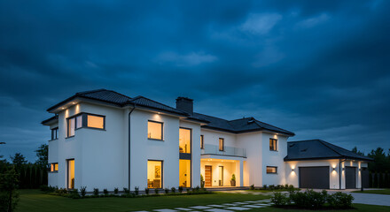 Modern Residence Exterior Against A Dramatic Sky At Twilight
