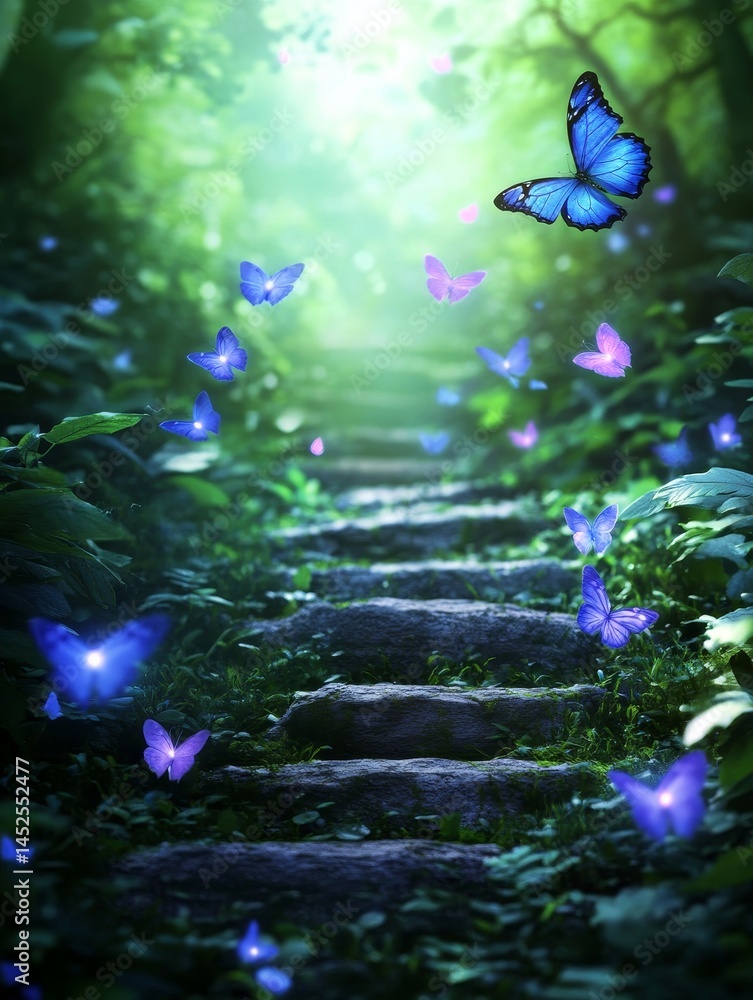 Poster enchanted forest path - a magical stone path winds through a lush forest, illuminated by glowing but