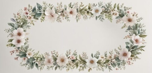 Delicate watercolor floral wreath; soft petal patterns, white background , soft, floral wreath