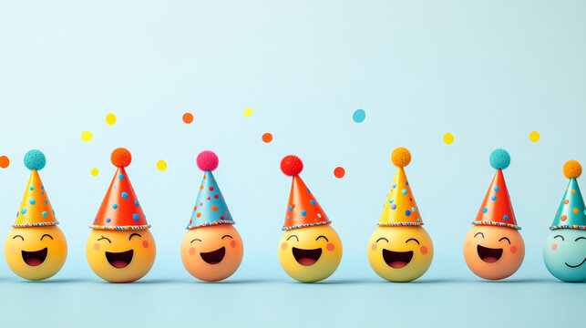 Smiling emoji spheres wearing colorful party hats, confetti floating above, light blue background, cheerful celebration concept