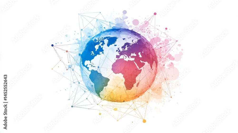 Poster global network connection - watercolor globe with connecting lines, representing global communicatio