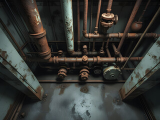 Naklejka premium Industrial Corrosion: Exploring the raw and aged character of an industrial space, where a network of pipes and fittings are heavily affected by time's passage.