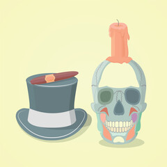 Skull with candle, top hat and cigar on light yellow background, vector illustration