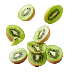 Fototapeta premium A dynamic composition featuring levitating slices of ripe, juicy kiwi in free fall, isolated on a transparent background