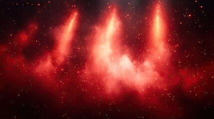 Fototapeta premium Three upward streams of glowing red light pierce through dense space dust, creating a celestial spectacle