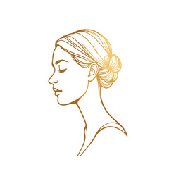 Woman profile, golden line art, peaceful, for beauty, wellness brands