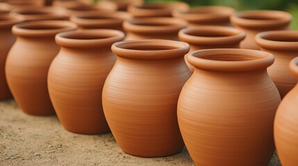 Rows of Clay Pots Shining in the Natural Light of a Garden Space