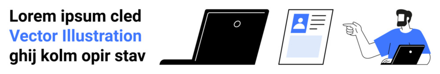 Man gestures towards a profile card, with a laptop in focus, suggesting communication, profiles, tech solutions. Ideal for business, hiring, networking, technology learning digital identity flat