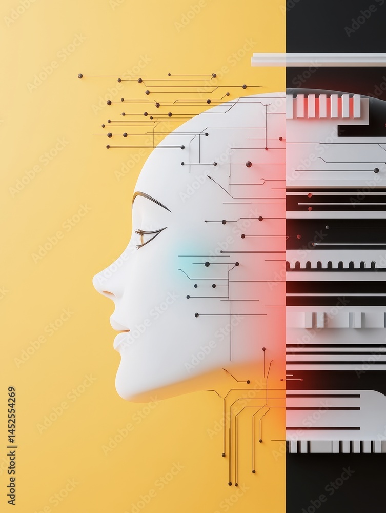Poster mind: humanoid ai concept - abstract illustration of a human head merging with circuit board design,