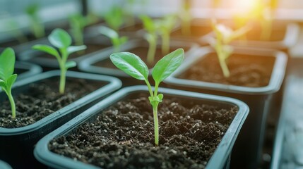 Young Green Seedlings Growing in Terracotta Pots with Soil