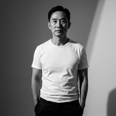 Obraz premium Portrait of a Man in a White T-Shirt Against a Gray Background