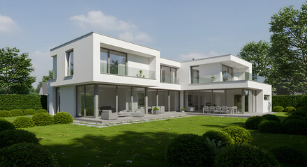 Contemporary Villa With Green Lawn And Open Floor Plan Design