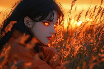 Fiery sunset view with a pensive female figure.