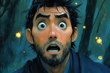 Close-up of a surprised man in a dark forest scene.