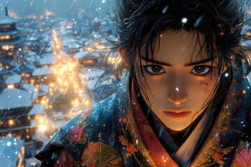 Close-up view of a figure in a winter setting.