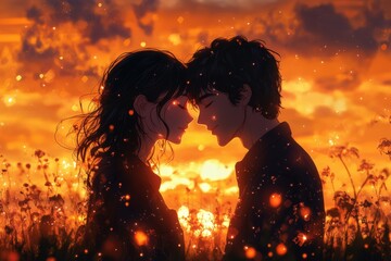 Romantic couple facing each other in a field at sunset.
