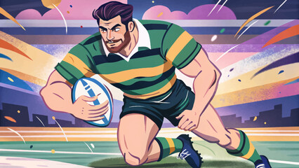 Vector illustration of dynamic rugby player in mid-action pose, wearing full gear and charging forward with intensity. Powerful sports concept ideal for team competition, athletic branding, and action