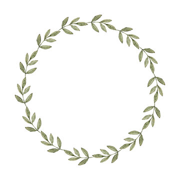 Round watercolor wreath of green branches. Frame of light green leaves. Isolated illustration. Template for first communion, baptism, wedding greeting cards, invitation, save the date. Copy space