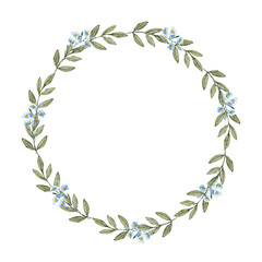 Wreath of green leaves and blue flowers. Watercolor illustration. Template for first communion, baptism, wedding greeting cards, invitation, save the date. Copy space. Isolated botanical frame © iri.madrid.art