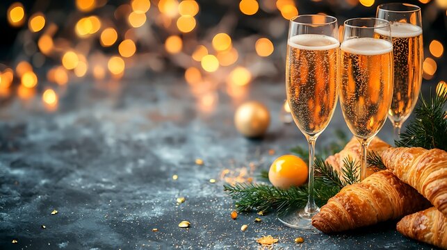 Festive celebration with champagne and croissants cozy setting food photography warm atmosphere