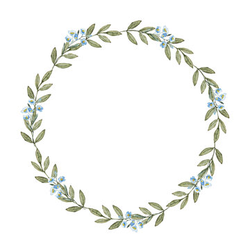 Wreath of green leaves and blue flowers. Watercolor illustration. Template for first communion, baptism, wedding greeting cards, invitation, save the date. Copy space. Isolated botanical frame