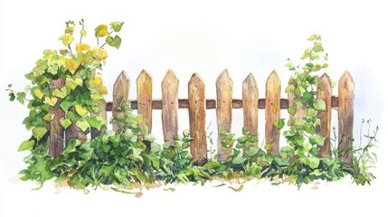 Obraz premium Rustic Wooden Fence with Overgrown Vines Watercolor - Aged wooden fence, overgrown with green vines, symbolizing time, nature, growth, rustic charm, and serenity